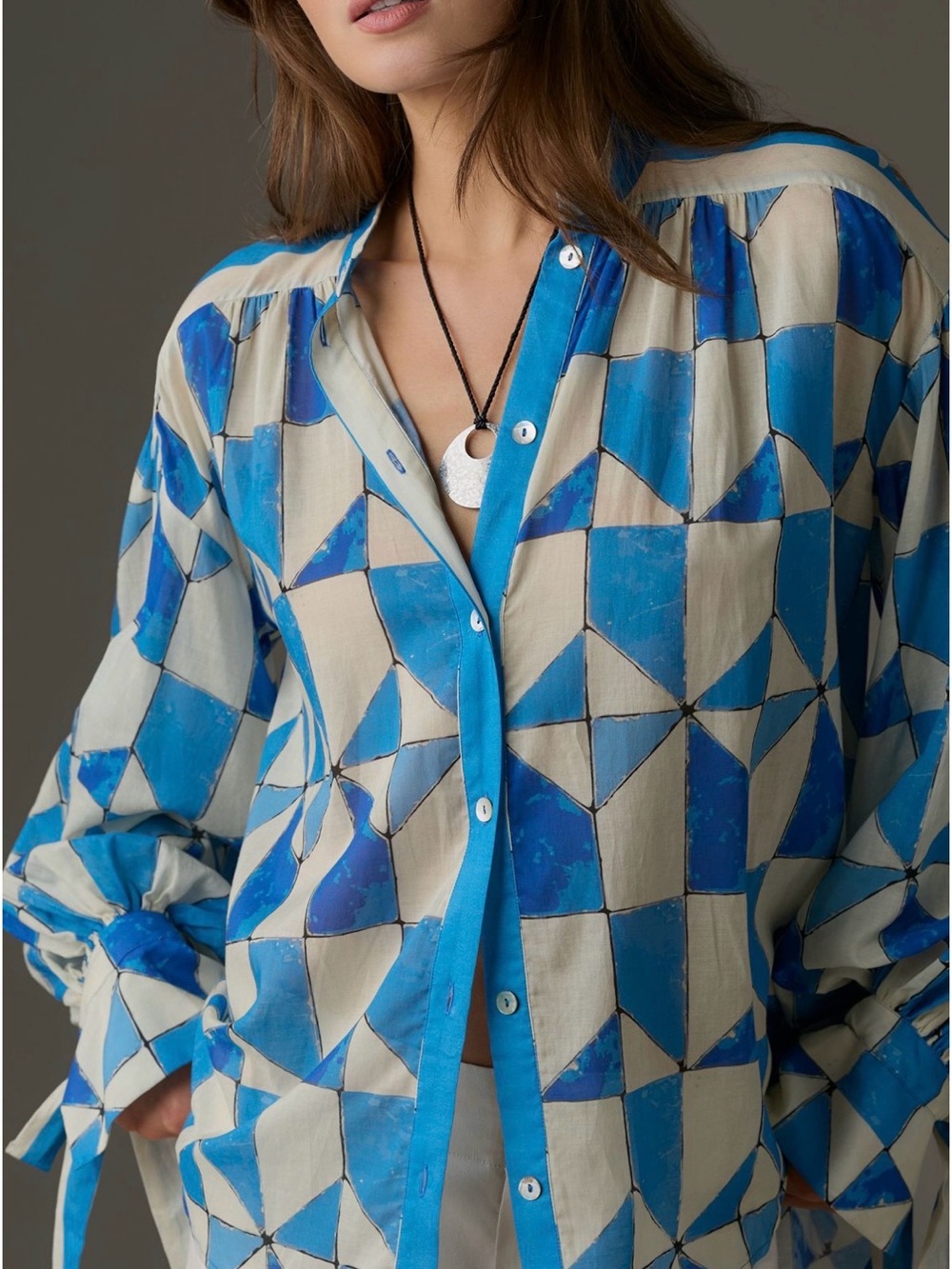 Tracy Reese Blue and Cream Geometric Tie-Sleeve Top from Anthropologie
